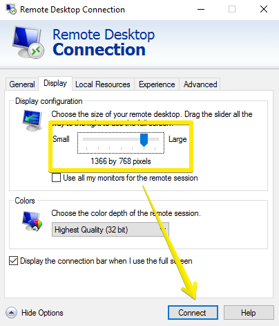 Remote Desktop Connection- screensize
