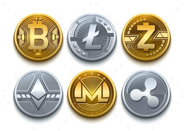 8 digital vector cryptocurrency coins icons set
